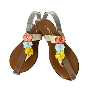 Toscanella Womens Brown Flower Embellish Sandals 6.5M Slip On Flats Casual